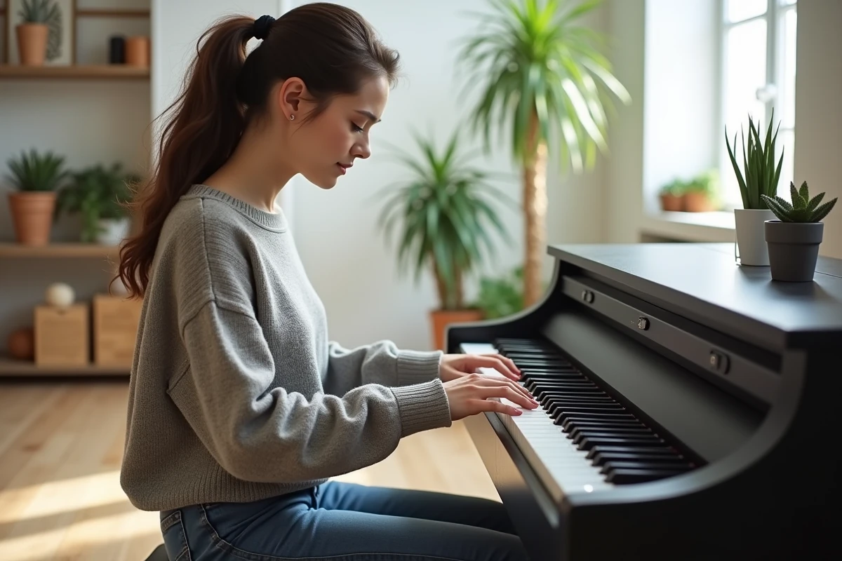 Jeune femme concentrée jouant du piano numérique dans un salon lumineux