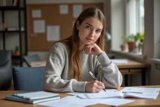 Jeune femme concentrée en révision avec fiches logiques