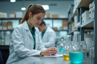 Jeune scientifique en laboratoire examinant des béchers