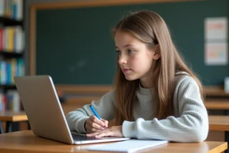 Jeune fille concentrée à étudier avec son ordinateur portable