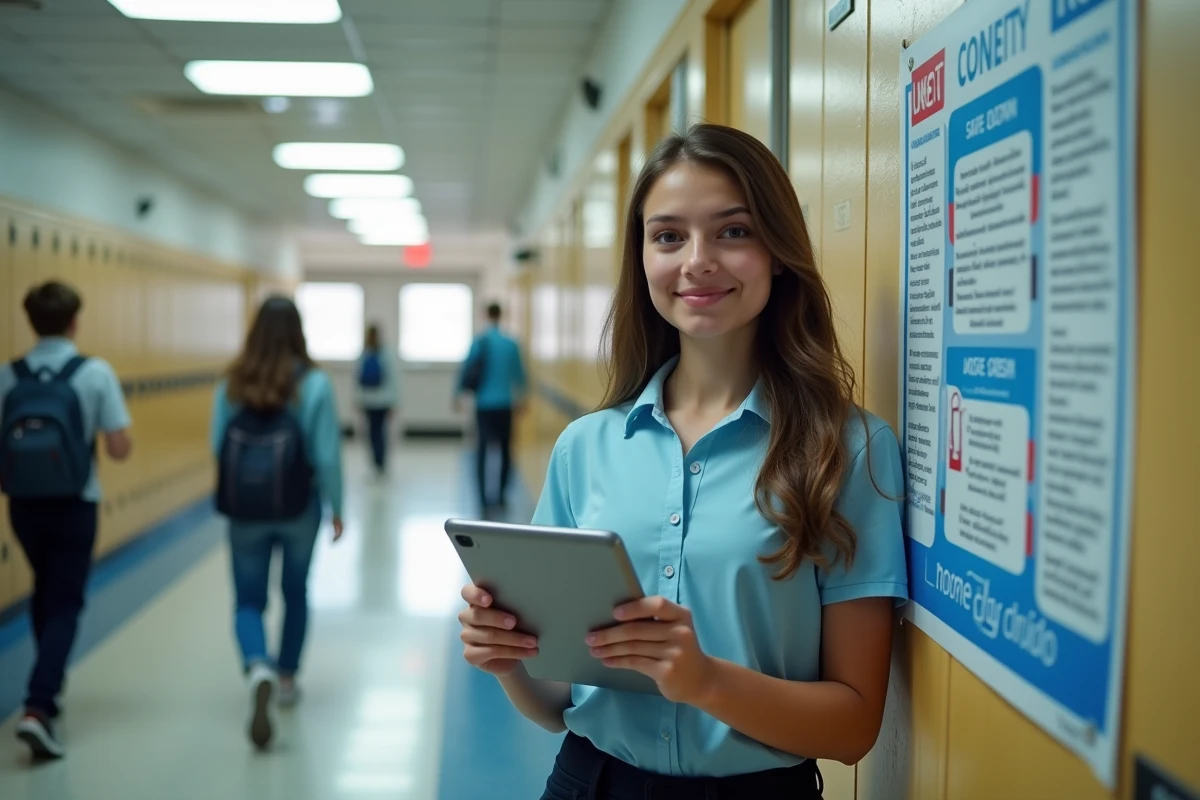Jeune fille avec tablette dans un couloir scolaire