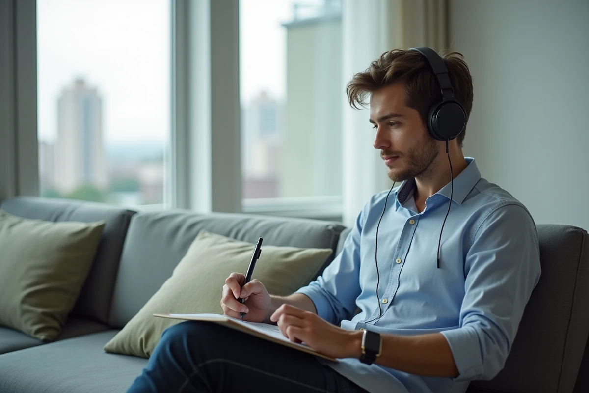 Jeune homme étudiant en ligne avec casque dans un salon lumineux