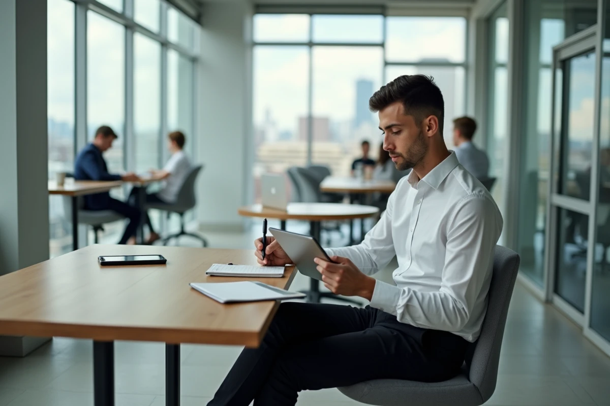 Jeune homme utilisant une tablette dans un espace coworking