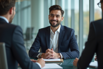 Jeune homme en costume navy lors d'un entretien