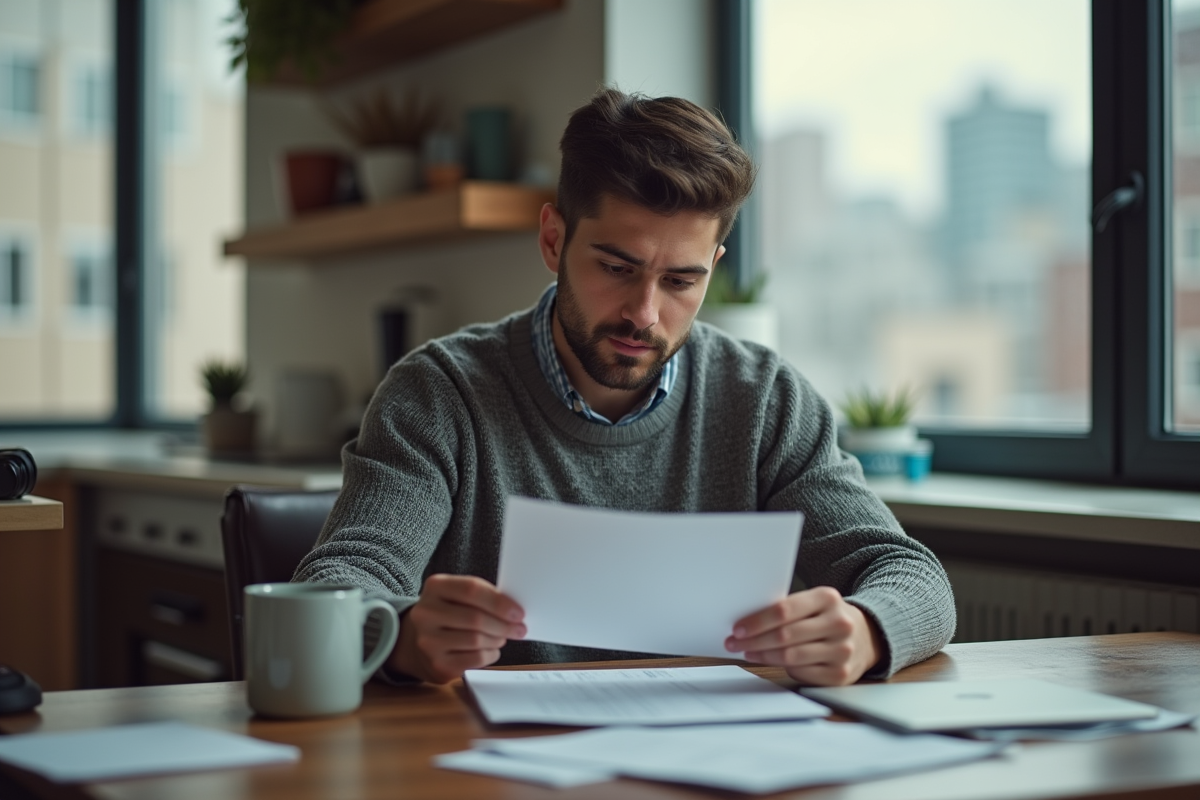 Jeune homme canadien vérifiant un formulaire chez lui