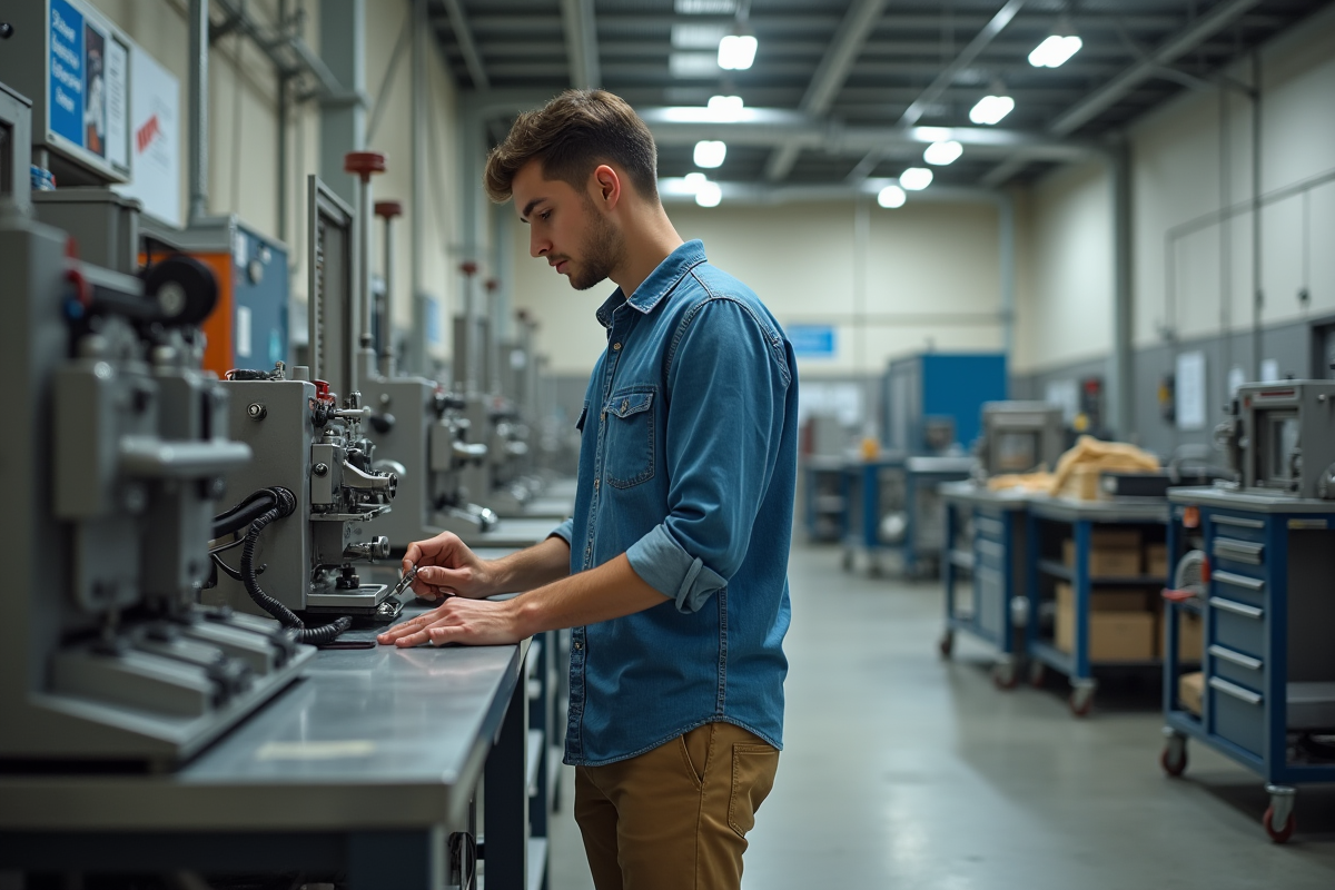 Jeune homme en atelier industriel utilisant une machine