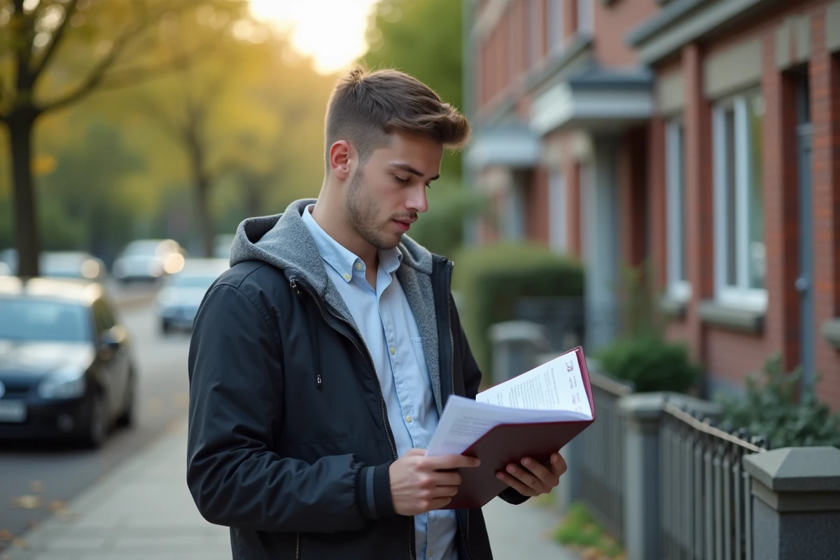 Jeune homme étudiant ses notes devant une école de conduite