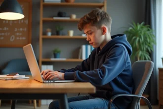 Adolescent en hoodie bleu résolvant un quiz sur Pi