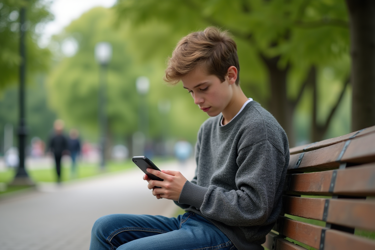 Jeune garçon dans un parc regardant son smartphone