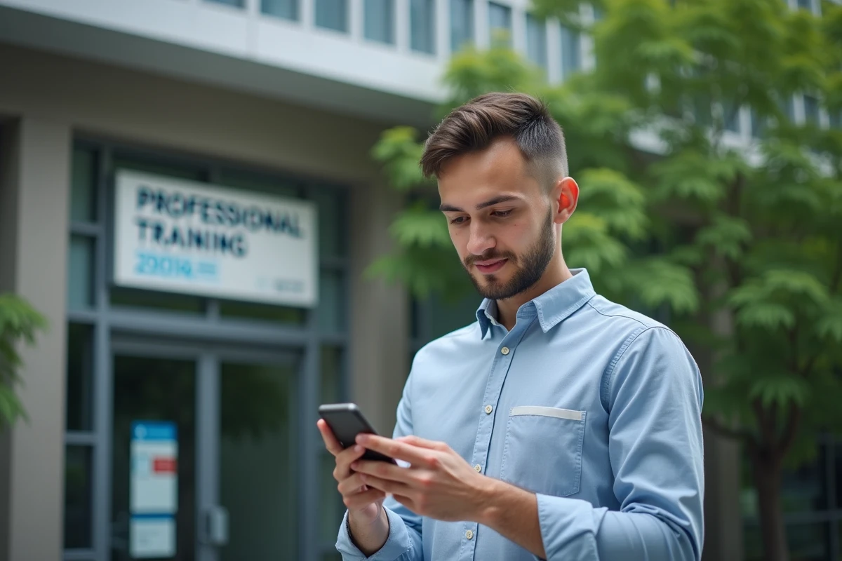 Jeune homme dehors utilisant un smartphone devant un centre de formation