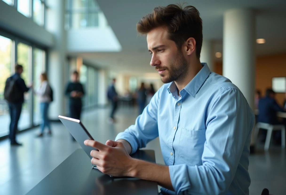 Jeune homme étudiant utilisant une tablette dans un espace universitaire