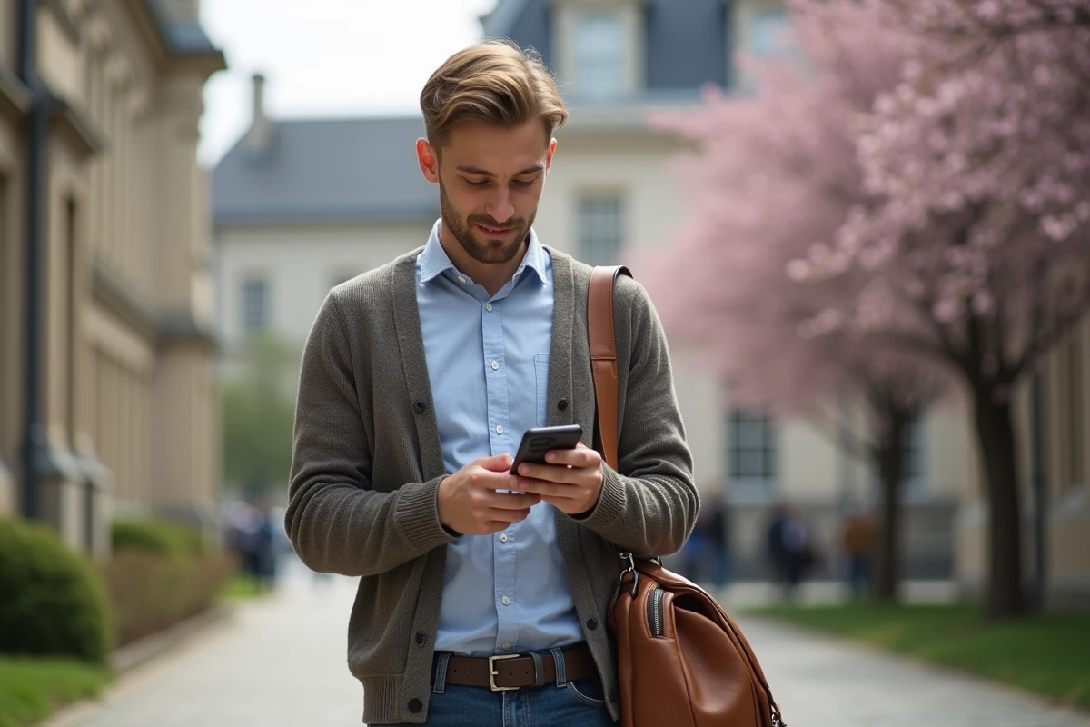 Jeune homme étudiant dehors vérifiant ses emails