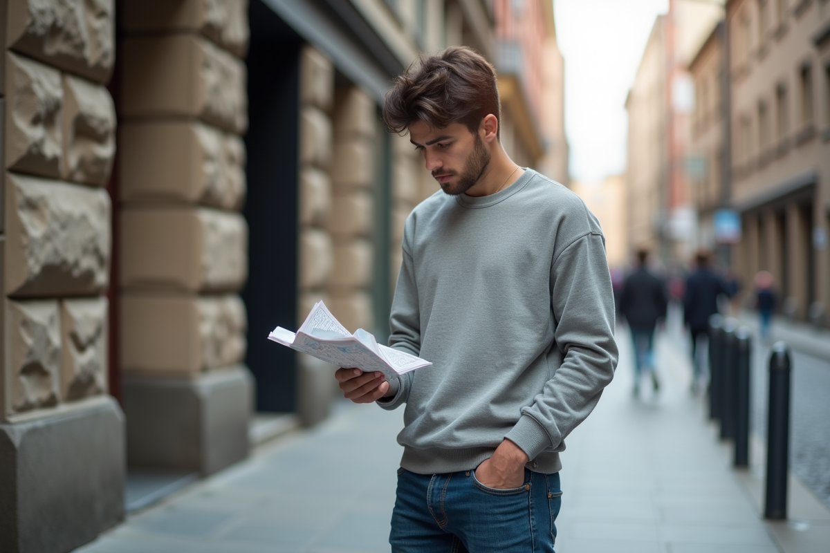 Jeune homme avec carte dans la rue urbaine pour l