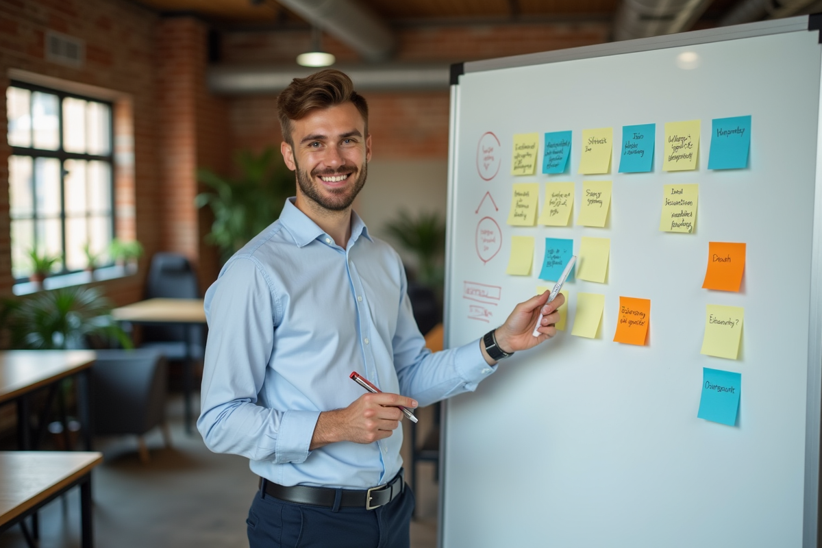 Jeune homme souriant devant un tableau blanc en coworking