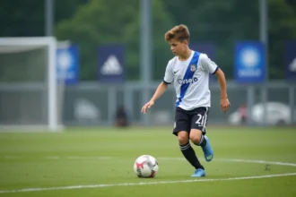 Jeune joueur de football en formation dribblant sur un terrain professionnel d'un centre de formation de club pro