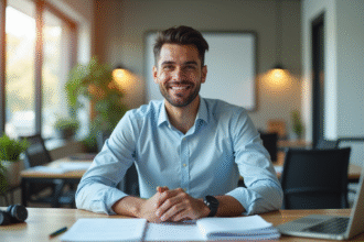 Jeune professionnel confiant au bureau lumineux