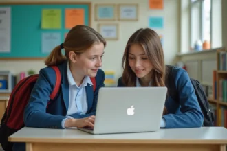 Adolescents en uniforme scolaire collaborant sur un ordinateur