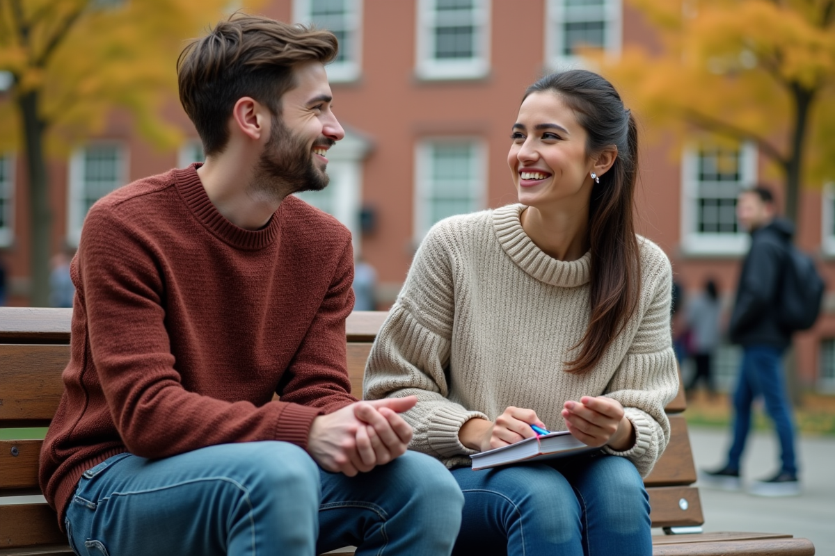 Jeunes étudiants discutant en plein air sur un banc