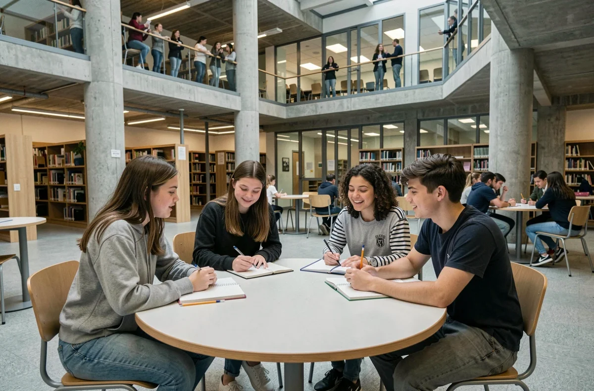 Groupe d'élèves travaillant ensemble dans un grand espace commun d'un lycée, symbolisant la vie scolaire collective