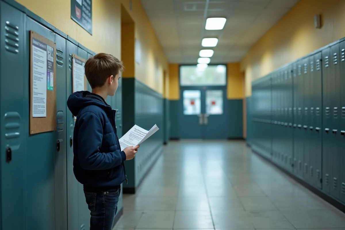 Lycéen consultant les informations d'activation du compte edu Normandie dans un couloir d'établissement scolaire