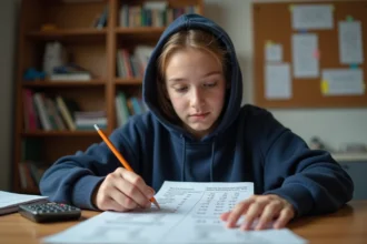 Lycéenne vérifiant le calcul de sa moyenne avec coefficients sur son bulletin scolaire