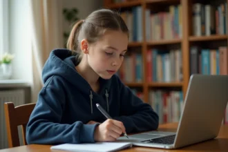 Lycéenne en cours à distance suivant les consignes de son professeur sur un ordinateur portable dans sa chambre