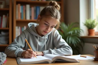 Lycéenne révisant ses cours à son bureau avec des notes manuscrites et un manuel scolaire ouvert, ambiance chambre studieuse