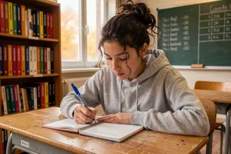 Jeune lycéenne qui révise la conjugaison des verbes du 2ème groupe dans un cahier posé sur un bureau en bois en classe