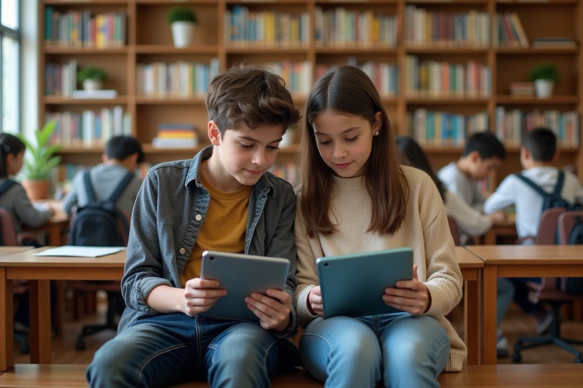 Deux lycéens comparant les interfaces de plateformes éducatives numériques ONE et ENT NEO sur leurs tablettes dans une bibliothèque scolaire