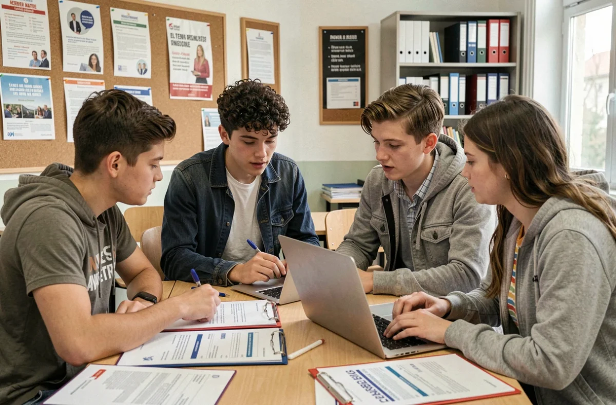 Groupe de lycéens préparant leurs dossiers de candidature pour un stage ou une alternance dans la salle d'orientation de leur lycée