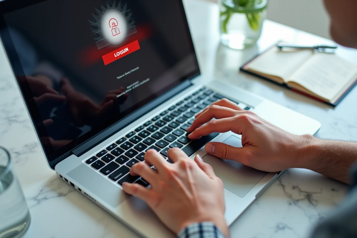 Gros plan de mains tapant sur un clavier d'ordinateur avec un message d'erreur de connexion visible à l'écran