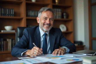 Manager en costume bleu analysant des graphiques dans un bureau