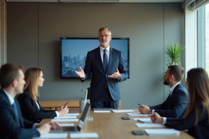 Manager en costume navy lors d'une réunion d'affaires
