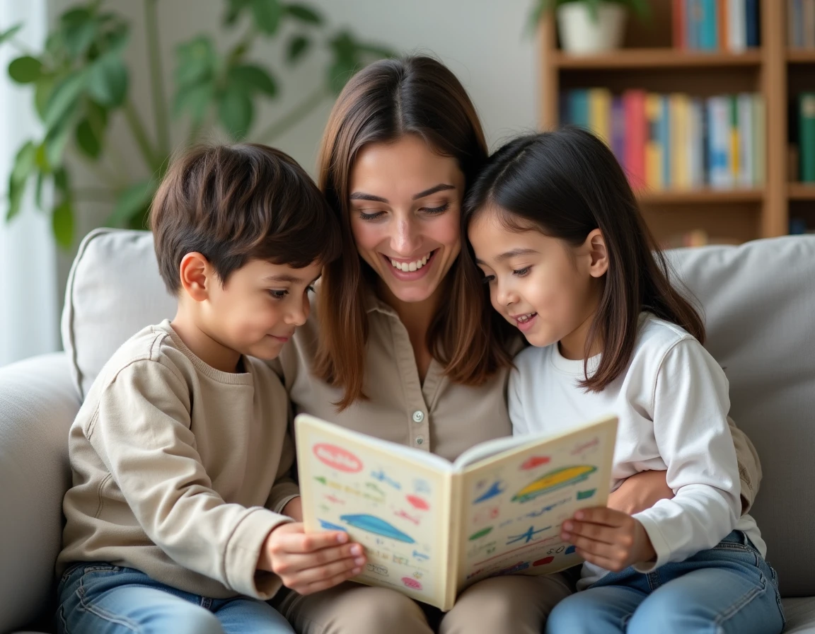 Mère et deux enfants lisant ensemble un cahier d'arabe illustré sur un canapé dans un salon familial