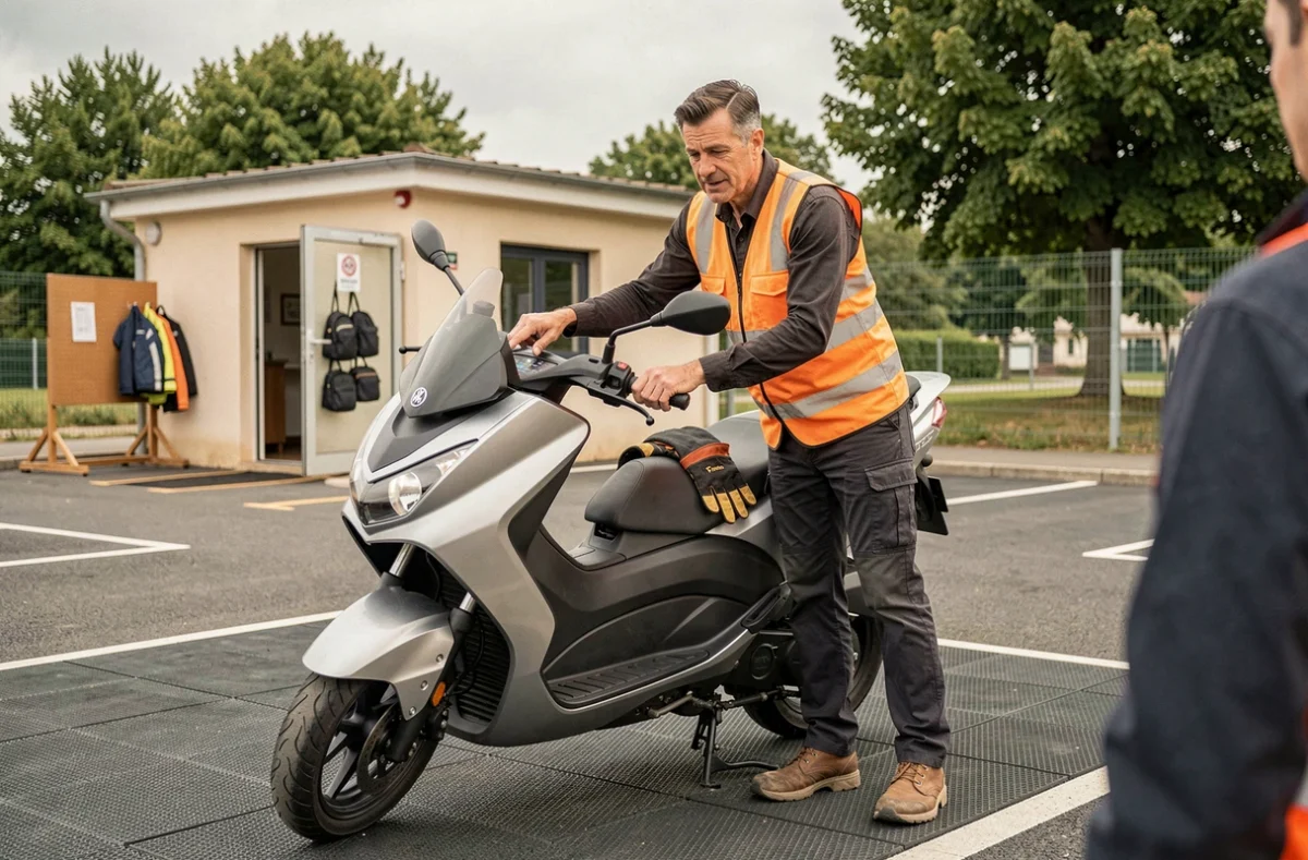 Moniteur d'auto-école moto expliquant les commandes d'un scooter T-Max à un élève lors d'une formation au permis