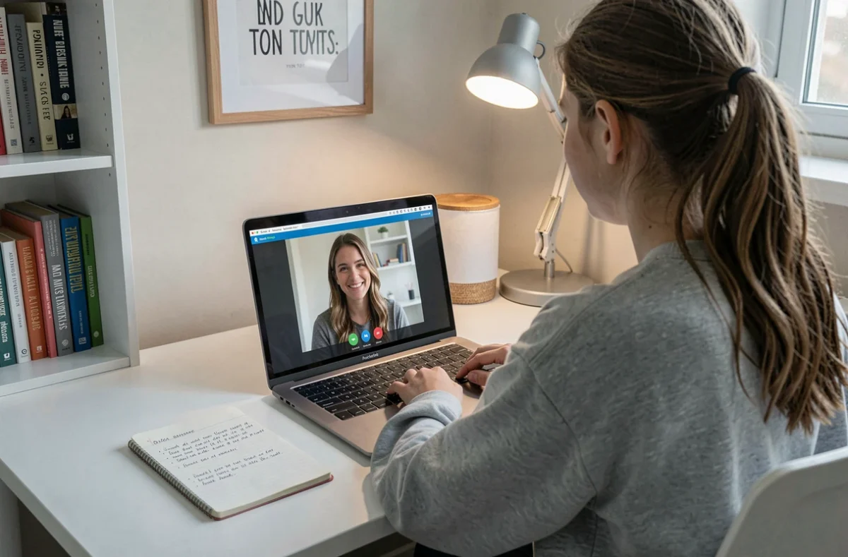 Une élève suivant un cours en ligne avec Notre-Ecole.net, visioconférence ouverte sur ordinateur portable à son bureau