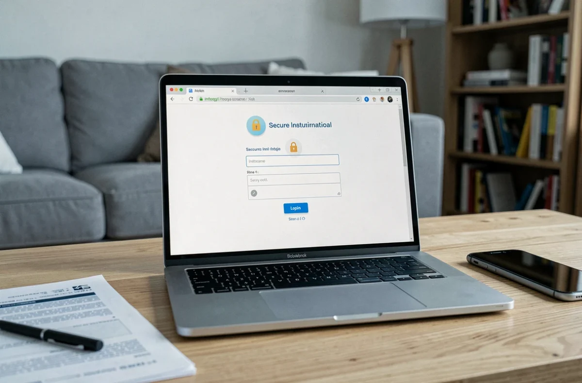 Écran d'ordinateur affichant la page de connexion sécurisée de l'intranet AC Amiens depuis un espace de travail à domicile