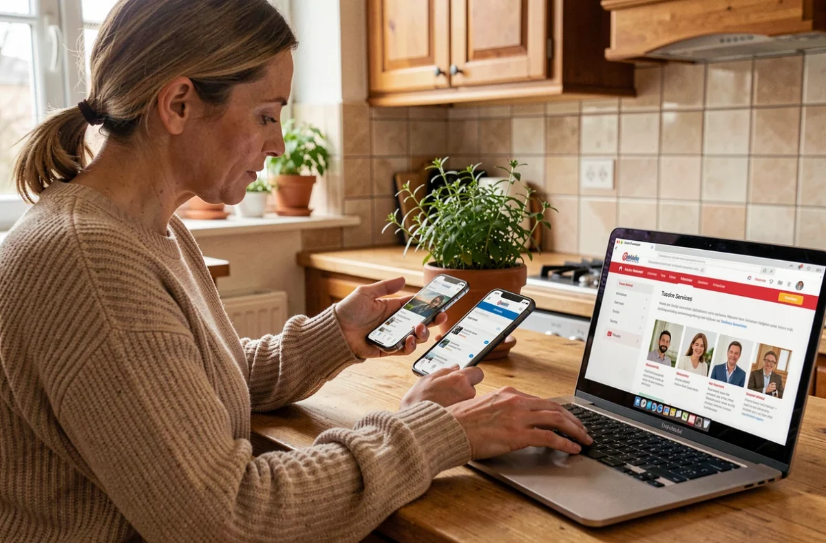 Une mère de famille en Nouvelle-Aquitaine consultant les Pages Jaunes en ligne pour trouver un professeur particulier