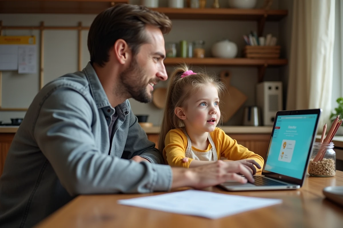 Père et fille regardant un ordinateur à la maison