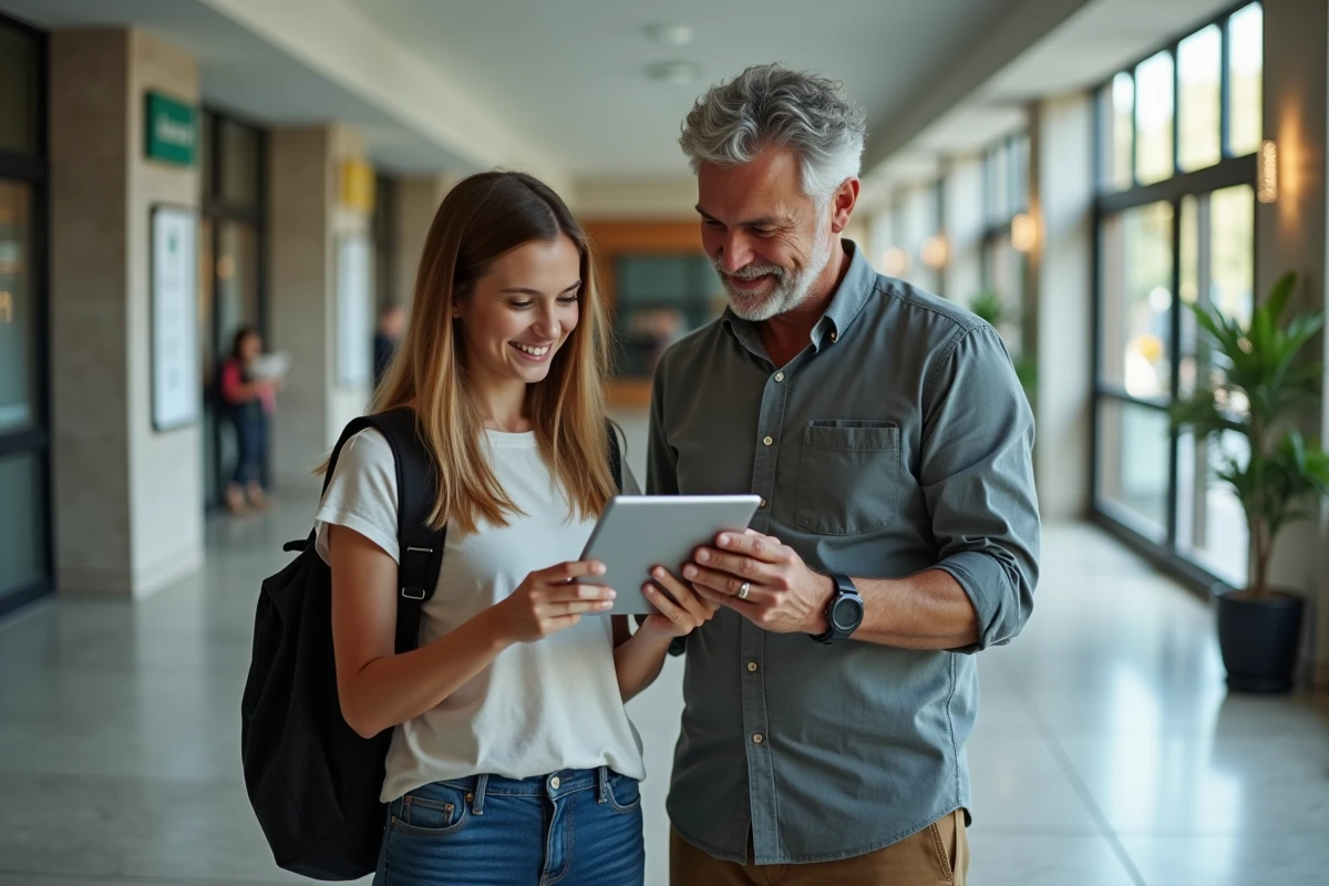 Père et fille étudiant ensemble dans un hall universitaire