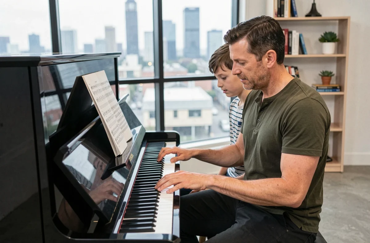 Un père et son fils apprenant le piano ensemble dans un appartement moderne, le garçon montrant une note sur la partition