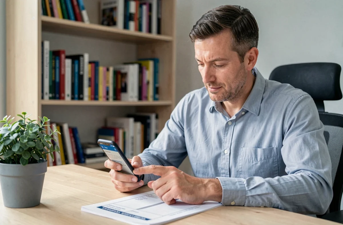 Père consultant l'application scolaire Scolinfo sur smartphone dans son bureau à domicile pour suivre la scolarité de son enfant