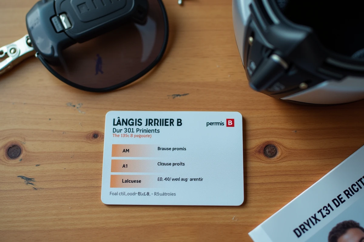 Permis de conduire français, clés de scooter et brochure sur les catégories AM, A1 et B pour rouler en 125cc, posés sur un bureau en bois