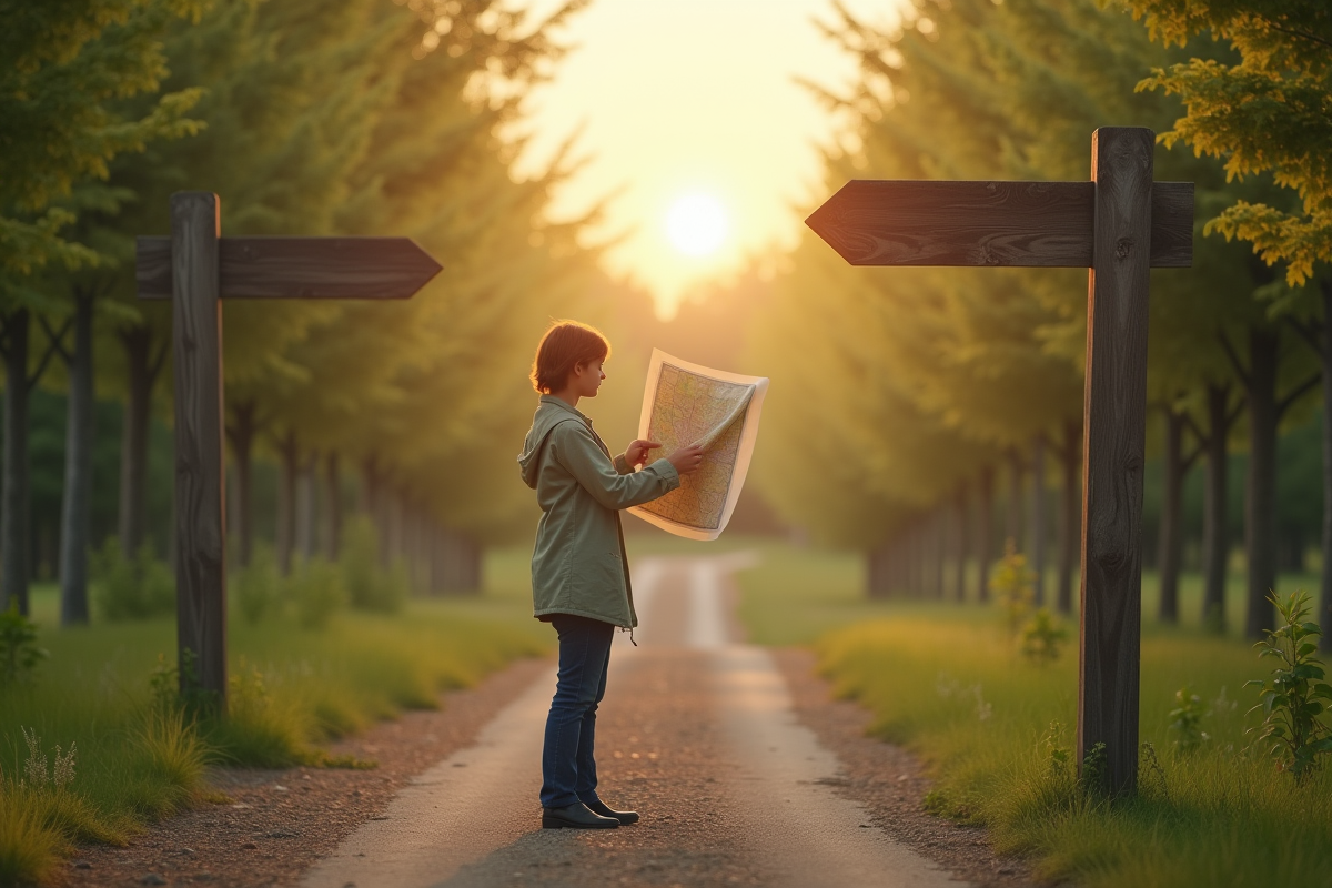 Personne à un carrefour en plein air avec panneaux et nature
