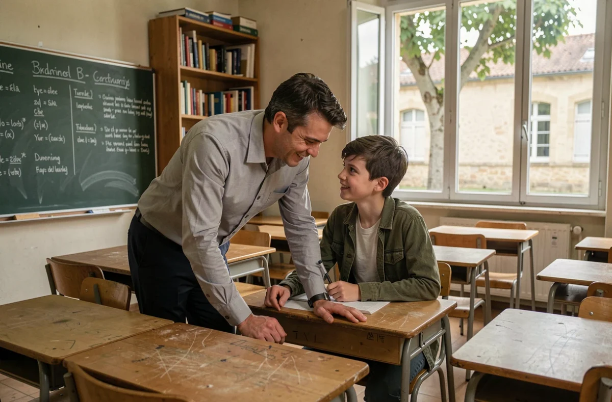 Professeur aidant un élève dans une salle de classe à petits effectifs d'un lycée de taille modeste