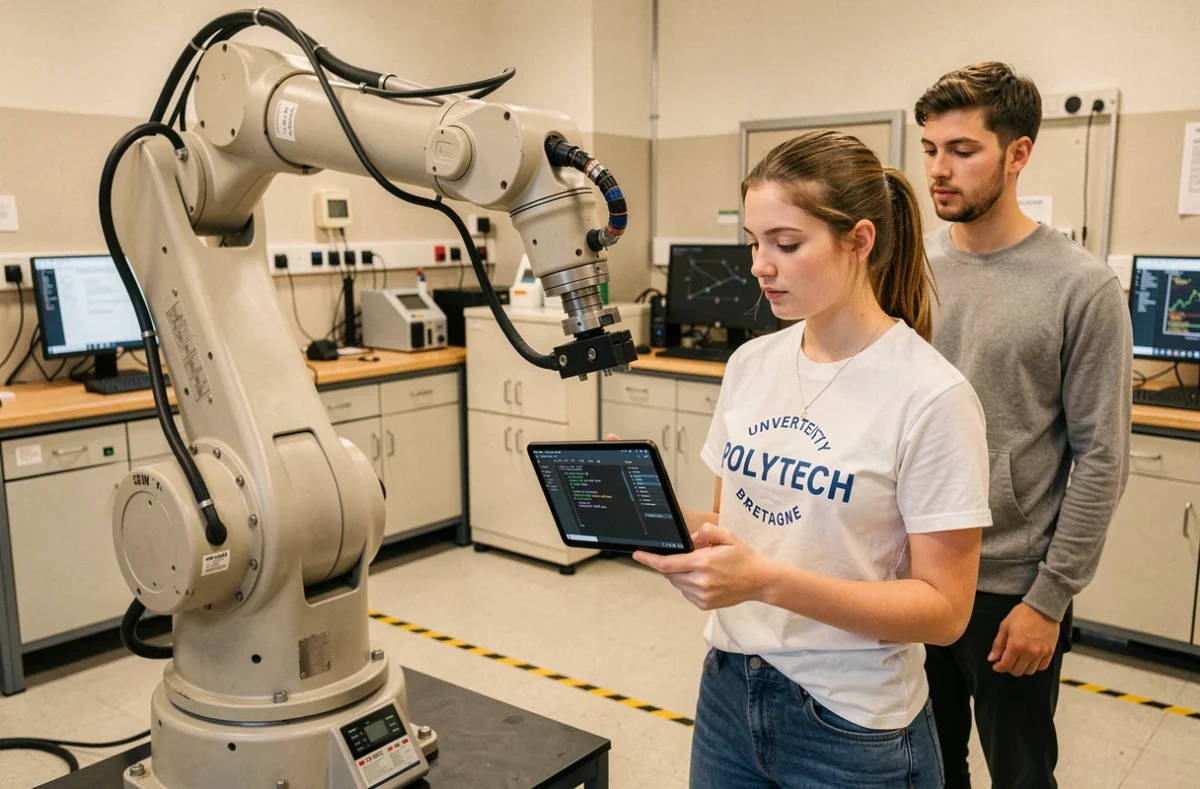 Étudiante de Polytech Bretagne programmant un bras robotique industriel dans un laboratoire universitaire de mécatronique