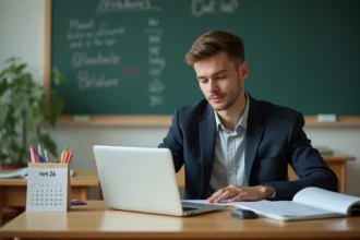Enseignant préparant sa rentrée scolaire 2026 sur la plateforme maclasse.fr depuis son bureau de classe