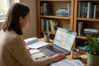 Jeune femme préparant son DCG à distance sur un ordinateur portable dans un bureau à domicile avec des supports de cours imprimés
