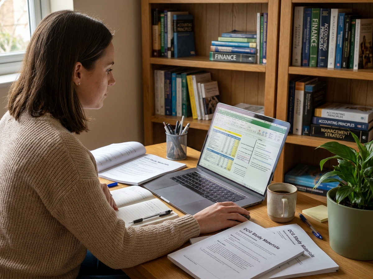 Jeune femme préparant son DCG à distance sur un ordinateur portable dans un bureau à domicile avec des supports de cours imprimés