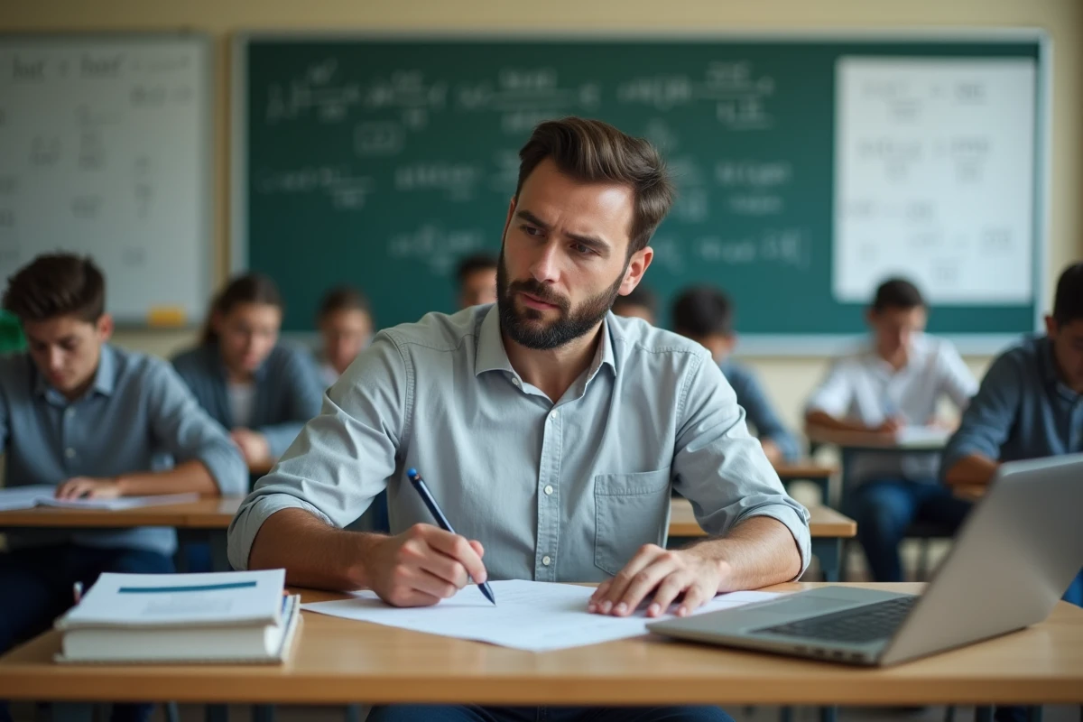 Professeur de collège masculin corrigeant des copies dans une salle de classe de collège